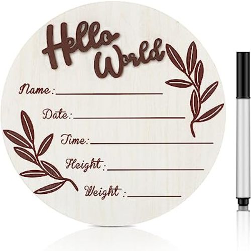 Queekay Baby Announcement Sign Newborn Announcement Hello World Sign Kid Birth Name Boy Girl Wooden Plaque with Marker Pen for Baby Shower Photo Props Nursery Wall Decor(Round)