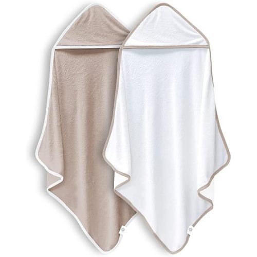 2 Pack Baby Bath Towel - Rayon Made from Bamboo, Ultra Soft Hooded Towels for Babies,Toddler,Infant - Newborn Essential -Perfect Baby Registry Gifts (White and Brown, 30 x 30 Inch)