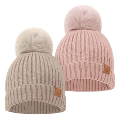 2-Pack Baby Hats for Girls, Boys - Stretchy Baby Beanies, Cute Newborn & Toddler Winter Hat, Soft & Warm Pom Pom Beanie for Infant, Toddler, Boys, Girls 0-6 Months (Fawn, S)
