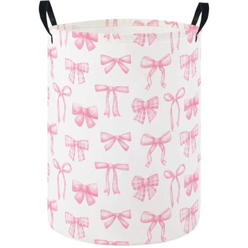 HIYAGON Baby Laundry Hamper Basket Baby Hamper for Nursery Boy and Girl Cute Kids Toys Storage Bin Organizer Boho Room Decor(Pink Bowknot)