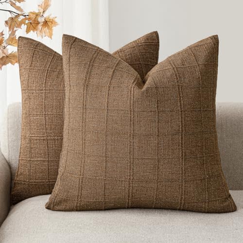 Foindtower Set of 2 Decorative Linen Check Throw Pillow Covers Neutral Farmhouse Vintage Cushion Covers Modern Boho Home Decor for Sofa Chair Couch Bedroom Living Room,20×20 Inch,Brown Hazel