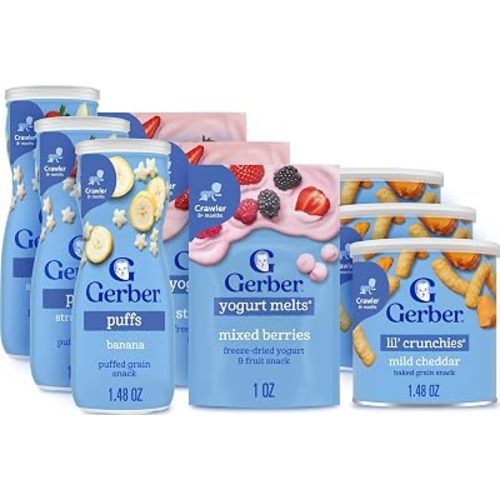 Gerber Strawberry Yogurt Melts, Mixed Berries Yogurt Melts, Banana Puffs, Strawberry Apple Puffs, Mild Cheddar Lil' Crunchies, 9-Pack