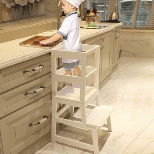 Kitchen Step Stool for Toddlers with Non-Slip Mat, WOOD CITY Wooden Kids Montessori Learning Stool Tower, Toddler Standing Tower Helper for Kitchen Counter and Bathroom Sink(White)