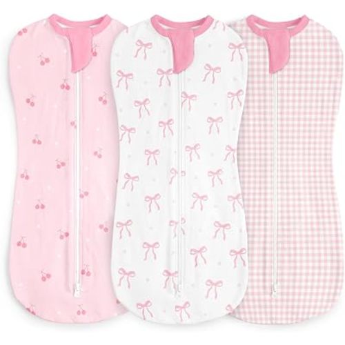 Baby Swaddle 0-2 Months, 3-Pack Cotton Arm-In Zipper Sleep Sack, Wearable Blanket Wrap (Bow, Cherry, Gingham)