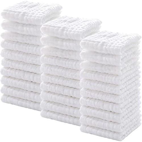 Chumia 30 Pcs Baby Muslin Washcloths Muslin Burp Cloths Baby Towel Natural Cotton Burp Cloths Wipes Soft Newborn Face Towel Absorbent for Face Bath Shower, 12 x 12'' (White)
