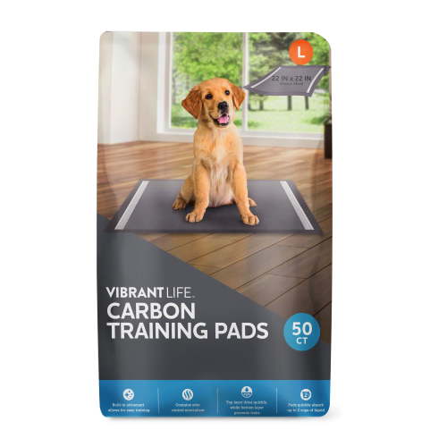 Vibrant Life Charcoal Training Pads – Odor Control, Super Absorbent, Leak Proof, & Fast Dry Dog and Puppy Pee Pads – L 22 in x 22 in, 50 Count