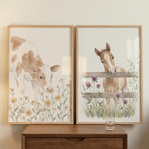 Watercolor Baby Farm Animal Wall Art Set of 2, Calf and Foal Nursery Decor, Rustic Barnyard Kids Room Art, Floral Cow and Horse Prints