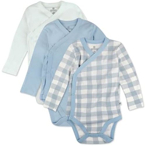 HonestBaby Baby 3-pack Long Sleeve Side-snap Kimono Bodysuits Organic Cotton for Infant Baby Boys, Girls, Unisex
