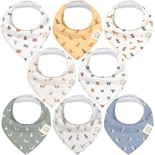 8-Pack Organic Baby Bandana Bibs for Boys, Girls - Super Absorbent Triangle Baby Bibs for Drooling and Teething Infant, Dog Bandanas, 100% Cotton Extra Soft, Newborn, Infant 0-36 Months (Pets & Paws)