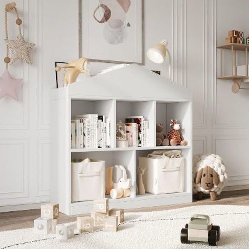 Acekool Kids Roof Bookshelf, 5-Cube Storage Organizer with Roof Shelf, Modern Bookcase for Playroom Bedroom Classroom, 35 x 35 x 12 Inch