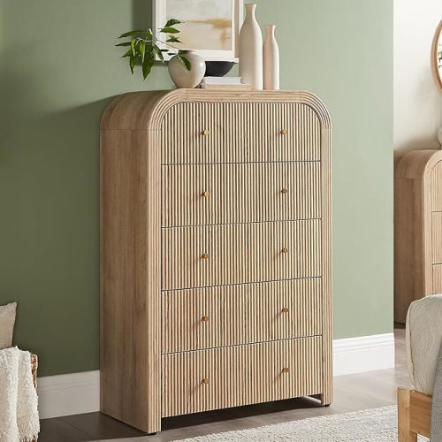 T4TREAM Fluted Dresser with 5 Drawers, 48" Tall Modern Chest of Drawers with Thickened Curved Profile Design, Wood Closet Clothes Storage Organizer for Bedroom, Living Room, Hallway, Natural Oak