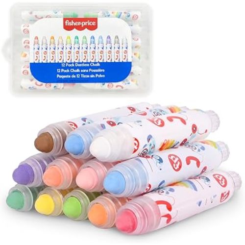 Fisher-Price™ Dustless Chalk Set - 12 Bright Colors with Adjustable Holders, Portable Storage Case, Washable Art Supplies, Safe & Non-Toxic, Draw on Chalkboards, Sidewalks, and Paper