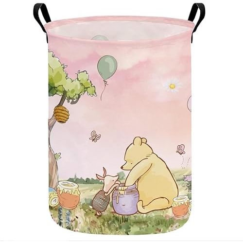Greatingreat Pink Winnie Foldable Laundry Hamper, Circular Canvas Storage Basket with PE Coating, Collapsible Clothes Organizer for Home, Nursery, and Bedroom