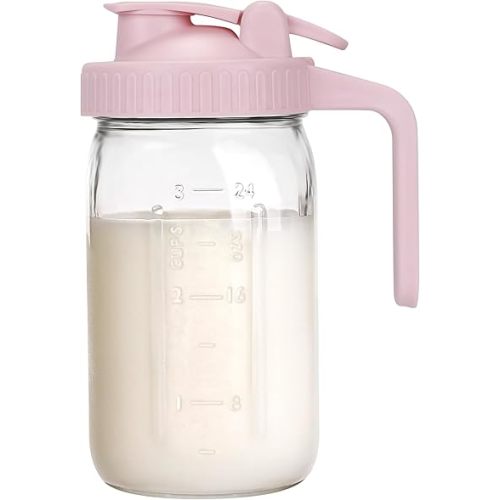 Accmor Breast Milk Pitcher, 32oz Glass Pitcher for Breastmilk, Milk Pitcher Jar with Dual Leak-Proof Design, Storage Container for Breastmilk, Juice, Cold Brew Coffee, Iced Tea, Drinks, Pink