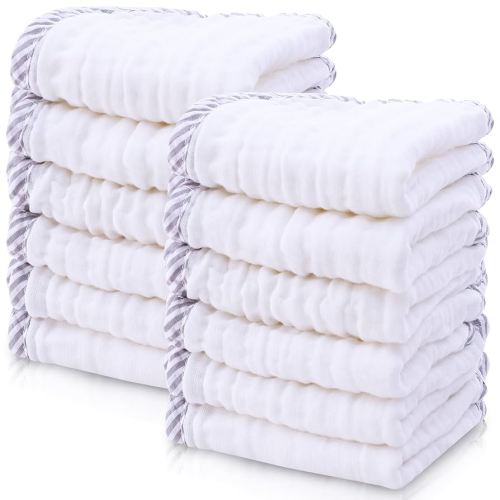 Cute Castle 12 Pack Muslin Baby Washcloths - Large 12'' by 12'' - Ultra Soft 100% Cotton - Super Absorbent Burp Cloths for Unisex, Boy, Girl -Stripe