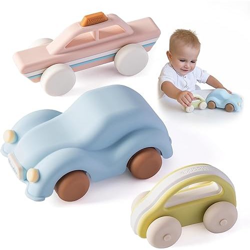 Moonkie Food Grade Silicone Toy Cars for Babies & Toddlers, Push and Go Baby Car Toys 6–12 Months, Hollow Design Infant Toys, Baby Teething Toys 4–6 Months, Birthday Gifts for Boys & Girls, 3 Pack