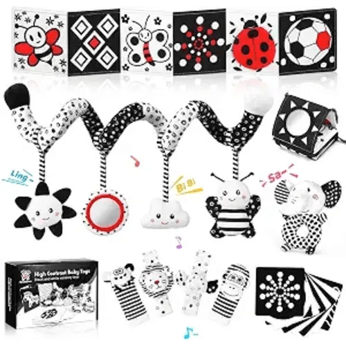 Newborn Toys,High Contrast Black & White Baby Toys 0-6 Months with Sensory Cards & Rattle, Essential for Brain Development, Tummy Time & Car Seat Toys for 0 2 4 6 Month Old