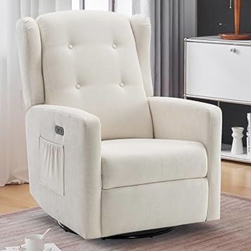 Power Swivel Rocking Recliner Chair, High Back Electric Rocker Nursery Glider Chair, USB and Type-C Ports, Upholstered Fabric Reclining Single Sofa Chair for Living Room (Beige)