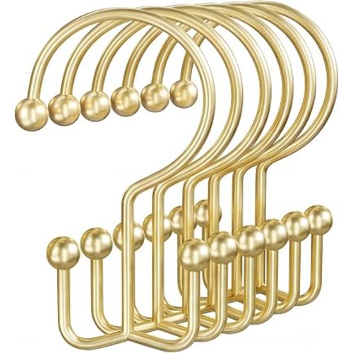 OEH 24 Pcs Shower Curtain Hooks, Metal Shower Curtain Rings, Gold Shower Curtain Hooks Rust Proof, Double Shower Rings for Curtain, Easy Install Anti-Drop Shower Hooks for Shower Curtain, Gold