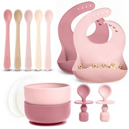Baby Feeding Set – Silicone Bib, Bowl & Spoons for Self-Feeding, First Stage Baby Must-Haves, Gum-Friendly, BPA-Free, Easy to Clean