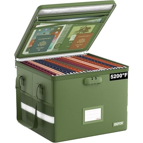 ENGPOW 5200°F File Box Fireproof Document Box with Lock,Heat Insulated Collapsible File Storage Organizer Box with Handle,Portable Home Office File Cabinet for Hanging Letter/Legal Size Folder, Green