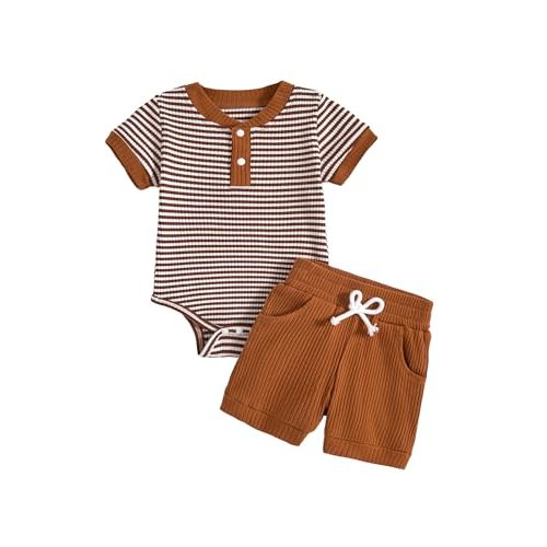 Hihosdor Baby Boy Outfits Ribbed Short Sleeve Striped Romper Top Solid Shorts with Pocket Baby Boy Summer Clothes 0-18M