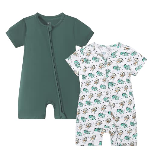JunNeng Baby Boy Sleeper, Rayon from Bamboo Short Sleeve Romper Pjs | 2 Way Zipper, Cool & Soft, Breathable, Summer Footless Outfits, 2 Pack, 0-18 Months