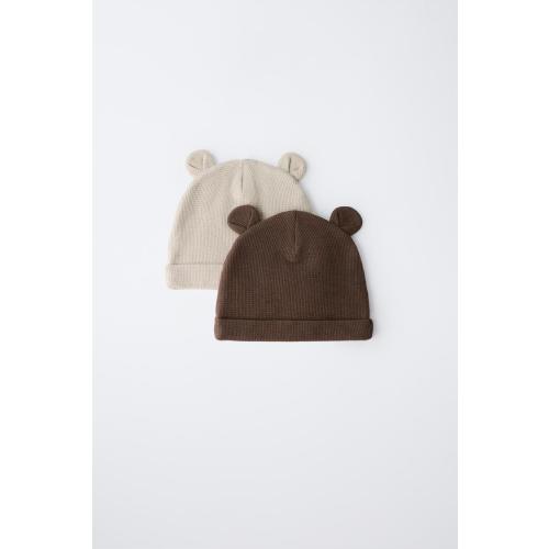 TWO-PACK OF WAFFLE KNIT EAR HATS - Ecru / Brown | ZARA United States