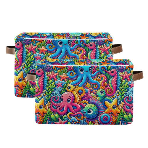 Cartoon Colorful Sea Animals Storage Bins with Handle Fabric Organizer Basket Foldable Box 2 Pack 14.2x10.2x8.3