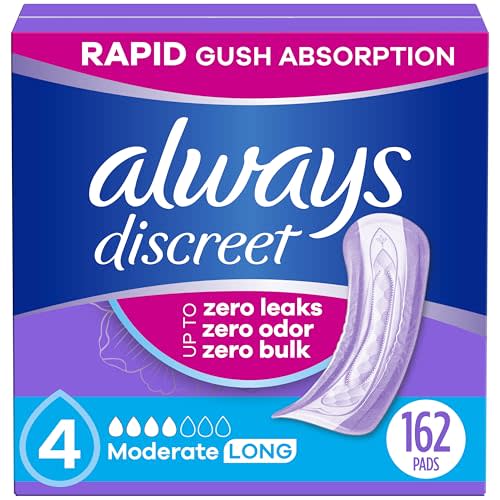 Always Discreet Adult Incontinence Pads for Women, Moderate Absorbency, Long Length, Postpartum Pads, 162 Count (3 Packs of 54)