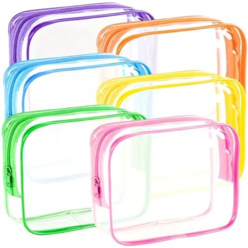 6 Pieces Clear Makeup Bags Bulk, TSA Approved Toiletry Bag PVC Clear Cosmetic Toiletries Pouch with Zipper, Waterproof Vinyl Plastic Organizer Case for for Women Carry-on Travel Essentials