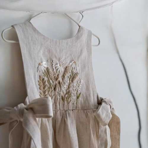 Handmade Linen Baby Dress, Wildflower Embroidered Sleeve, First Birthday