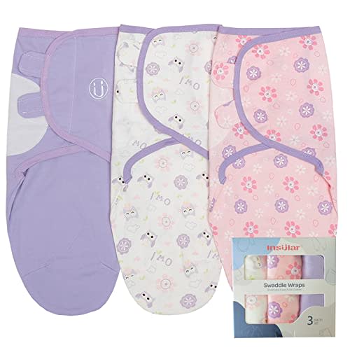 insular Baby Swaddle Sacks, Swaddle Blanket for Newborn and Infant, Adjustable Velcro Set for Boy and Girl, Soft Cotton Baby Sleep Sack 3 Pack (Owl, Medium(3-6M))