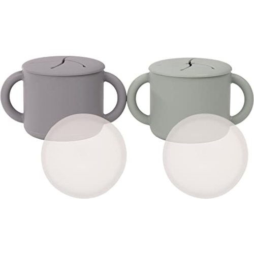 WeeSprout Snack Containers, Food Grade Silicone, Spill-Proof Tops For Toddlers and Babies, Premium Hard Plastic Travel Lids, Dishwasher Safe, Set of 2 Snack Catchers - Matte Gray, Matte Green