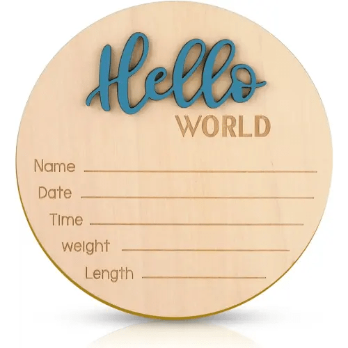 Baby Announcement Sign, 5.9 Inch Wooden Hello World Newborn Welcome Sign Birth Baby Name Plaques for Photo Props Baby Shower Hospital Nursery(Blue)