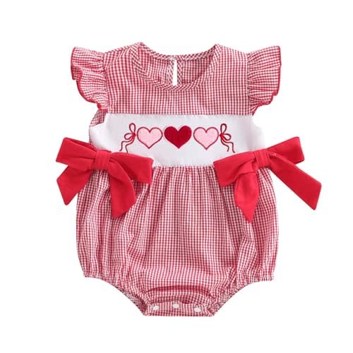 Mieeyali Newborn Baby Girls Valentine's Day Outfit Heart Print Bodysuit Bows Ruffle Smocked Bubble Romper Spring Fall