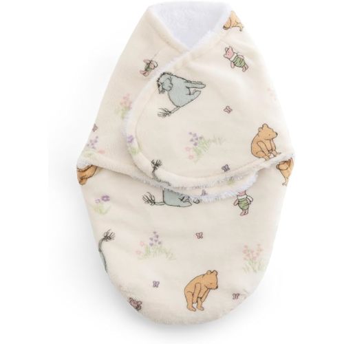 Berkshire Pooh Bear Baby Swaddle Sack - Spaloft Plush Sleep Sack with Classic Pooh Patterns - Snug Fit Swaddle Blanket for Newborns Infants 0-3 mo(Pooh Eeyore and Piglet Adventures Cream, 13.5’’x20’’)