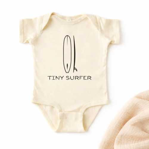 Tiny Surfer Baby Bodysuit  – Minimalist Surfboard Design, Beach Baby Outfit, Coastal Summer Gift