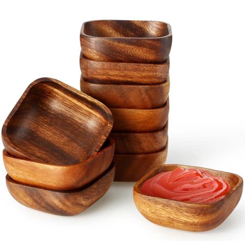 FillTouch 6 Pcs Natural Acacia Wooden Bowl Small Square Wood Serving Bowl 4 x 4 x 1.6 Inch Handmade Calabash Dessert Mini Wooden Container for Kitchen Appetizers Candy Fruits Dips Sauce Seeds Snack
