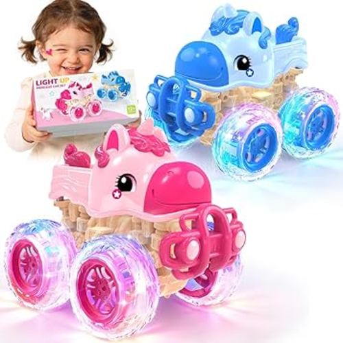 SEPHIX Cars for Toddler Age 1-4: Light-Up Unicorn Monster Trucks Toys for Toddler Girl Gifts, Unicorn Toys for Girls Age 1 2 3 4, 2-Pack Push & Go Pink Truck Toys for Girls Christmas & Birthday Gift