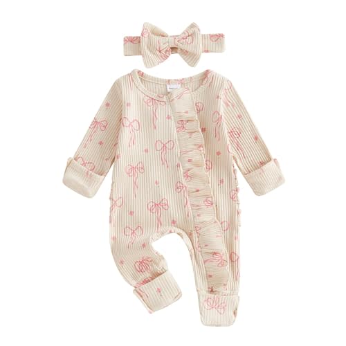 allshope Newborn Baby Girl Fall Outfit Bow Print Long Sleeve Full Length Zipper Front Ribbed Jumpsuit Infant Clothes