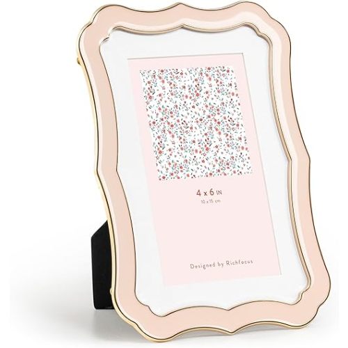4x6 Enamel Picture Frame with HD-Tempered Glass, Display 3x5 Photo with Mat, Ornate Photo Frame with Gold Metal Edge & Velvet Back for Tabletop & Wall Mount Vertically or Horizontally Display, Pink