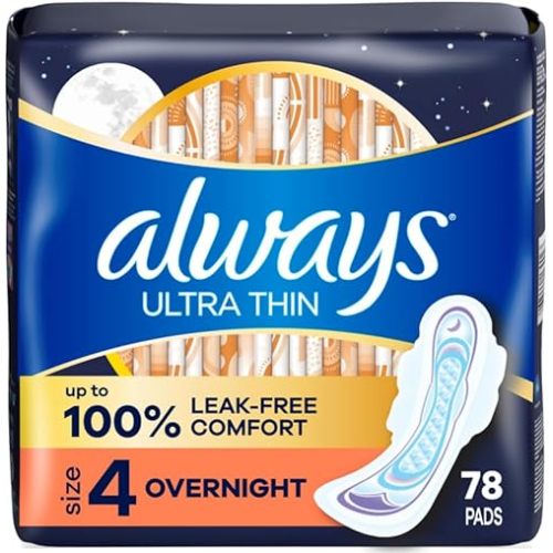 Always Ultra Thin Overnight Pads with Wings, Size 4, Overnight, 78 Count (3 Packs of 26)