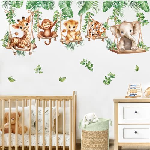 wondever Jungle Animal on Swings Wall Stickers Baby Lion Elephant Giraffe Tropical Leaves Peel and Stick Wall Art Decals for Children Nursery Kids Bedroom Living Room