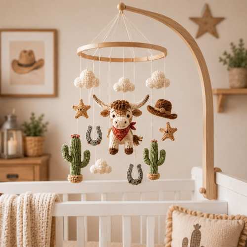 Crochet Cowboy Baby Mobile, Longhorn Crib Mobile with Cactus Horseshoe Western Nursery Decor, Baby Shower Gift