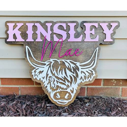 Bull Horns Baby Name Sign / Bull Girl Nursery Door Hanger / Wood Hospital Door Hanger / Western Sign / Name Baby Sign Girl Highland Cow