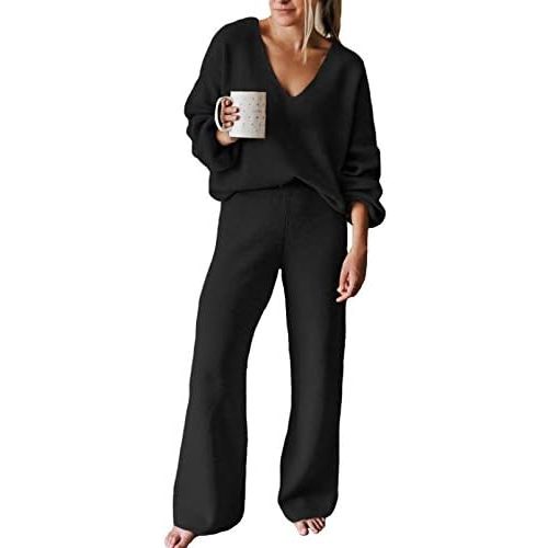 Viottiset Women's 2 Piece Outfits Casual V Neck Knit Wide Leg Sweater Lounge Set Sweatsuit