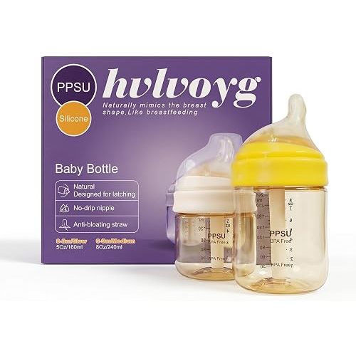 PPSU Baby Bottles for Newborns, Anti-Colic Wide Neck Breastfeeding Bottle with Angled Silicone Nipple, Natural Latch & Easy Drinking, BPA-Free, Heat Resistant, 5oz & 8oz, 0-6 Months, 3 Nipples