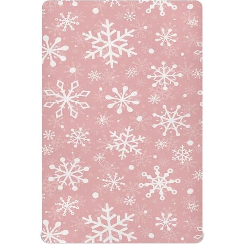 Pfrewn Christmas Crib Sheets for Boys Girls Pink Retro Snowflakes Fitted Crib Sheet for Mini Crib Mattress Stretch Soft Winter Pattern Toddler Baby Playard Sheet,39x27IN