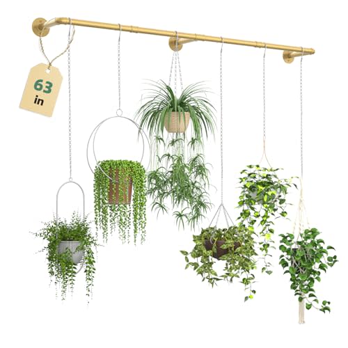 Plant Hanger Indoor Hanging Planters for Indoor Plants Hanging Plant Holder Window Plant Rod Gold Metal Shelves 63 Inch (Pot/Chains not Included